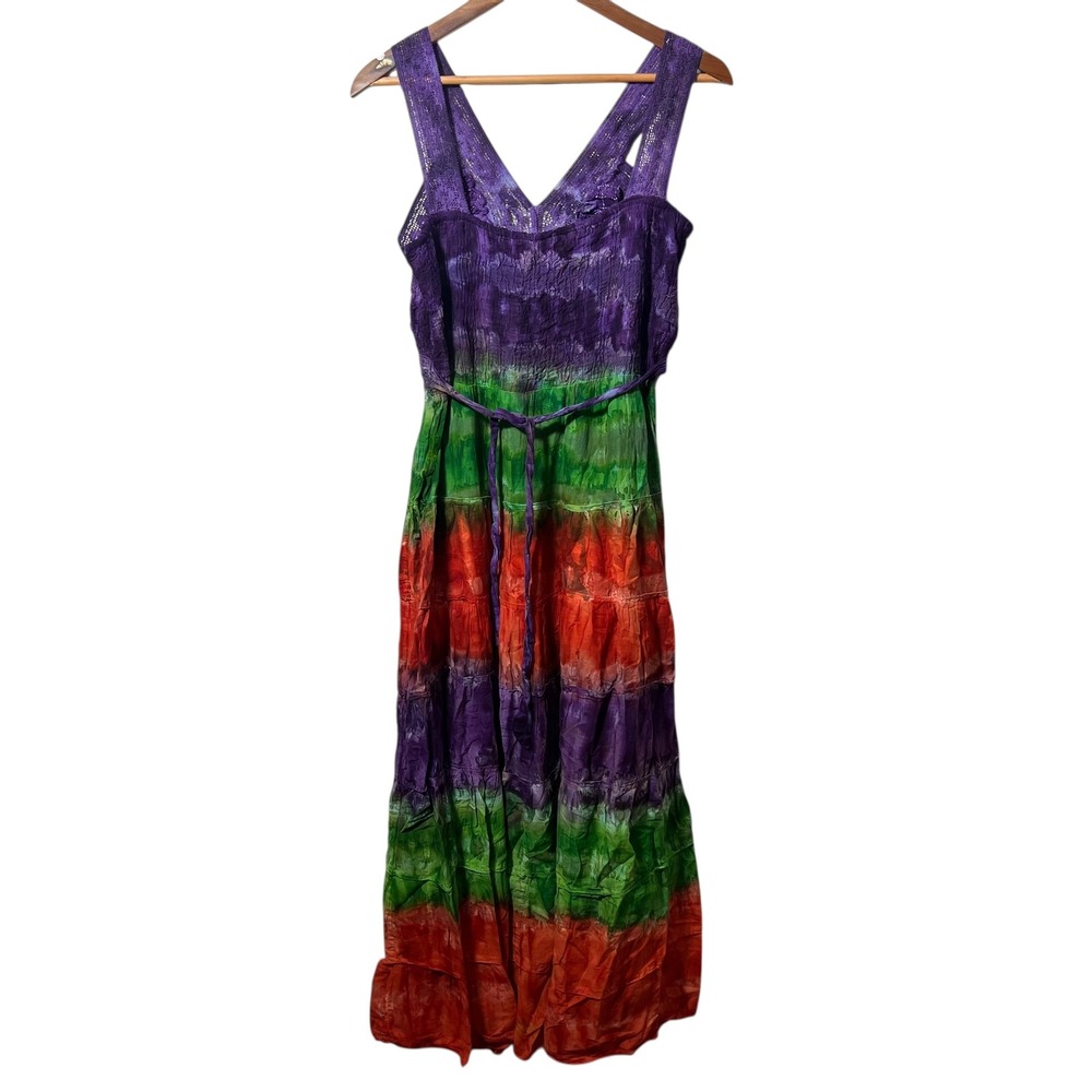 Kaaku Tie Dye Boho Maxi Dress S Festival Hippie Cottagecore Rainbow - Picture 6 of 7
